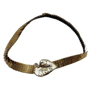 Gold tone Metal Accordion Belt.Gold tone Leaf Buckle Elastic Stretch Read 1980s